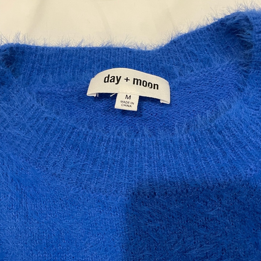 Day + Moon fuzzy sweater, super pretty colbalt blue color, size M